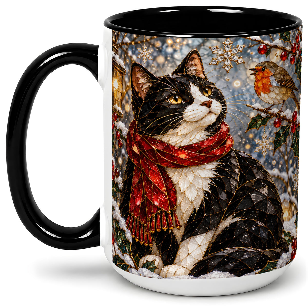 #pl[15oz|Black] Christmas Cat Ceramic Mug, Stained Glass Style Winter Art