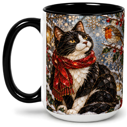 #pl[15oz|Black] Christmas Cat Ceramic Mug, Stained Glass Style Winter Art
