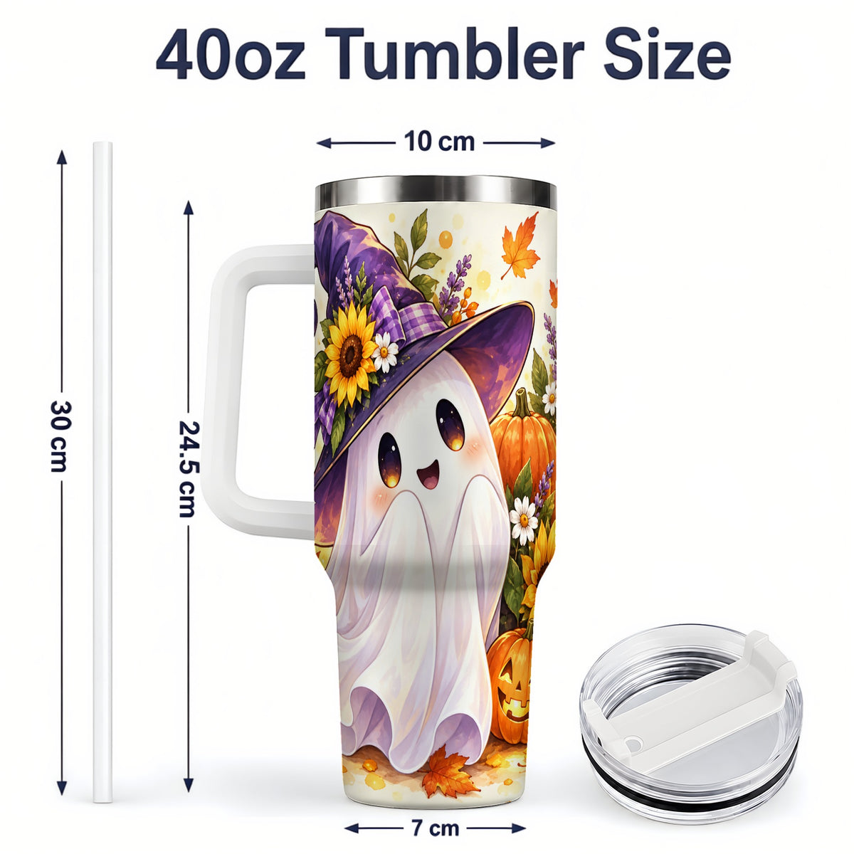 #pl[40oz|White] Cute Halloween Ghost Tumbler, 40oz Pumpkin and Sunflower Drinkware