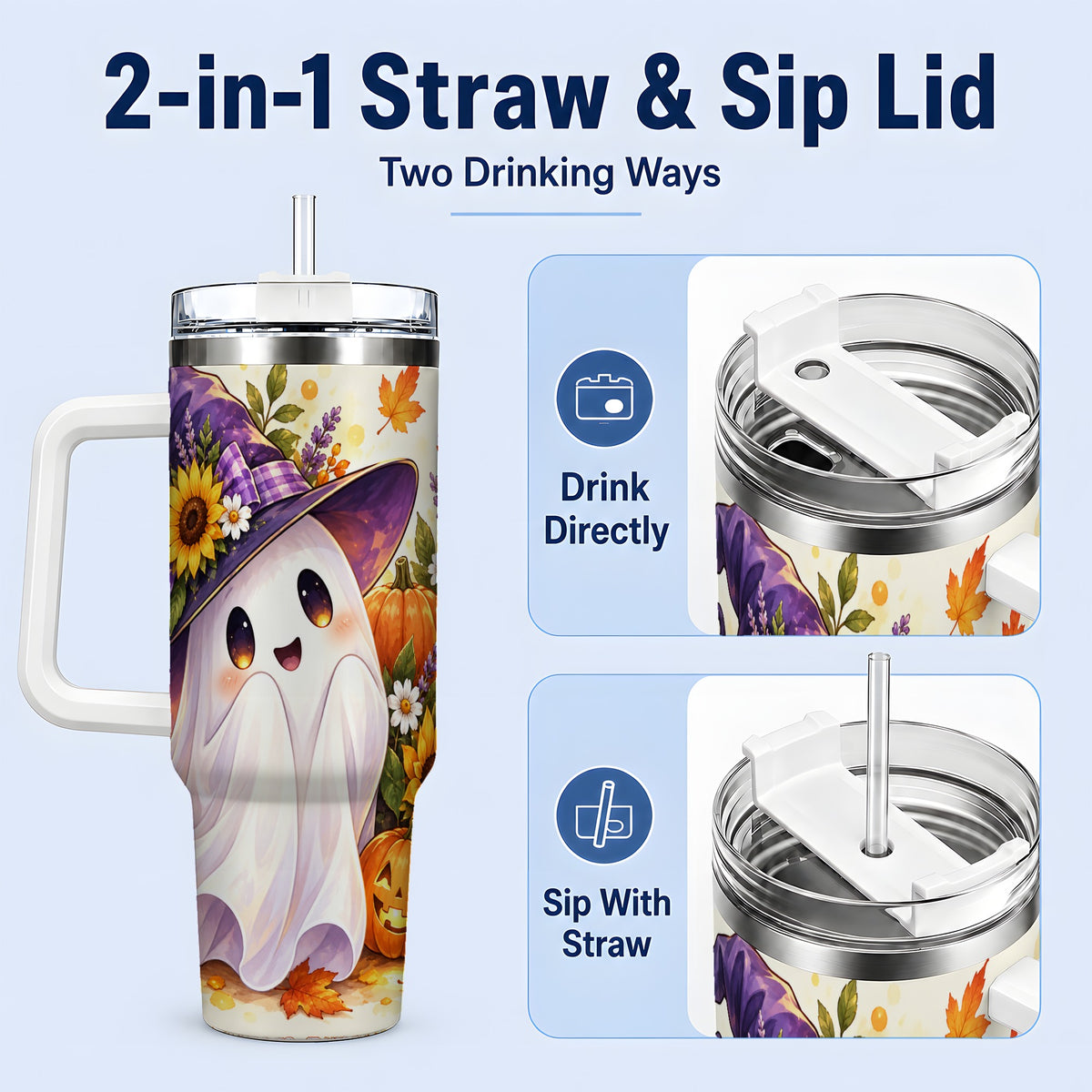 #pl[40oz|White] Cute Halloween Ghost Tumbler, 40oz Pumpkin and Sunflower Drinkware