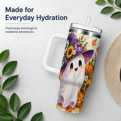 Cute Halloween Ghost Tumbler, 40oz Pumpkin and Sunflower Drinkware