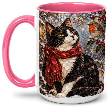 #pl[15oz|Pink] Christmas Cat Ceramic Mug, Stained Glass Style Winter Art
