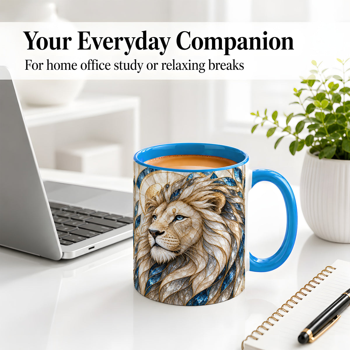 #pl[11oz|Blue] White Lion Ceramic Mug, Blue Gold Stained Glass Style Art