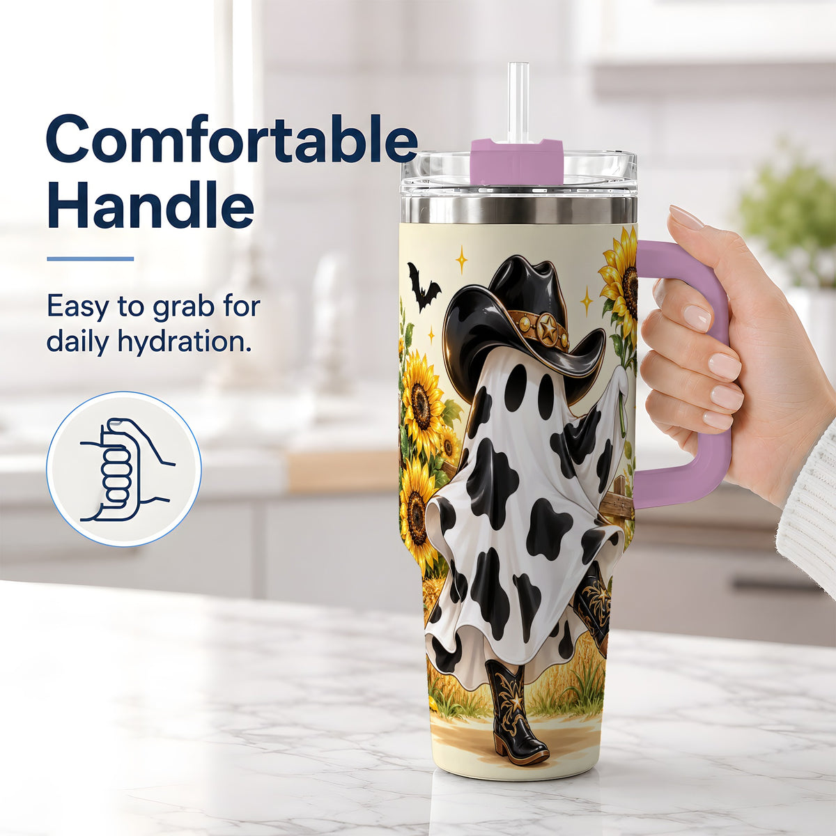 #pl[40oz|Pink] Cowboy Ghost Tumbler, 40oz Sunflower Halloween Art Drinkware with Boots