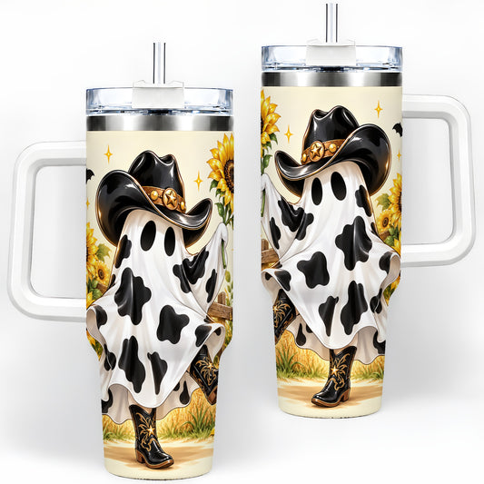 Cowboy Ghost Tumbler, 40oz Sunflower Halloween Art Drinkware with Boots