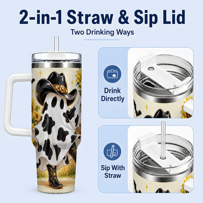 #pl[40oz|White] Cowboy Ghost Tumbler, 40oz Sunflower Halloween Art Drinkware with Boots