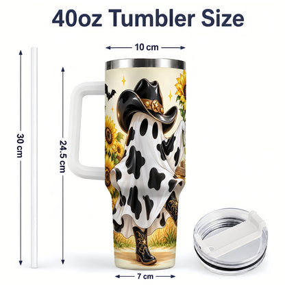 #pl[40oz|White] Cowboy Ghost Tumbler, 40oz Sunflower Halloween Art Drinkware with Boots