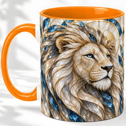 #pl[11oz|Orange] White Lion Ceramic Mug, Blue Gold Stained Glass Style Art