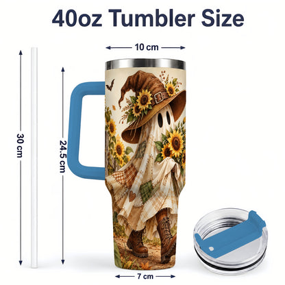 #pl[40oz|Blue] Rustic Sunflower Ghost Tumbler, 40oz Autumn Field Art Drinkware with Bats
