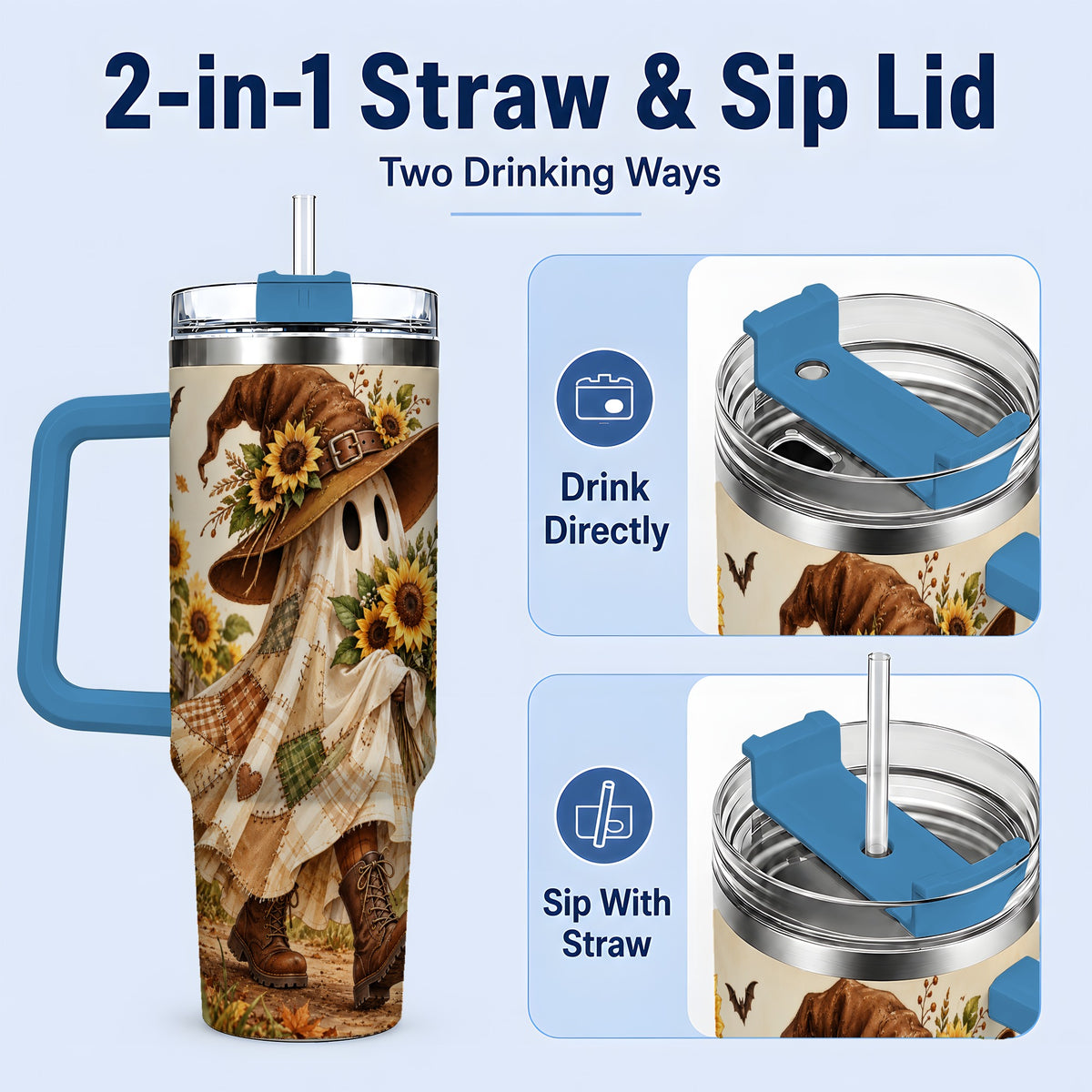#pl[40oz|Blue] Rustic Sunflower Ghost Tumbler, 40oz Autumn Field Art Drinkware with Bats