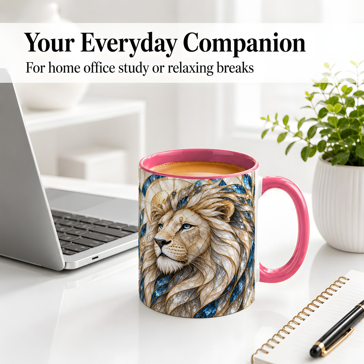 #pl[11oz|Pink] White Lion Ceramic Mug, Blue Gold Stained Glass Style Art