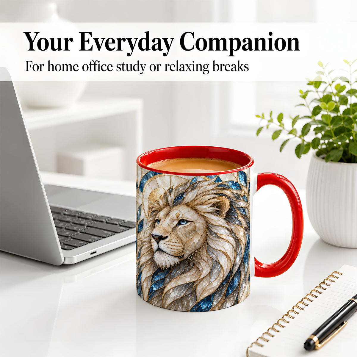 #pl[11oz|Red] White Lion Ceramic Mug, Blue Gold Stained Glass Style Art