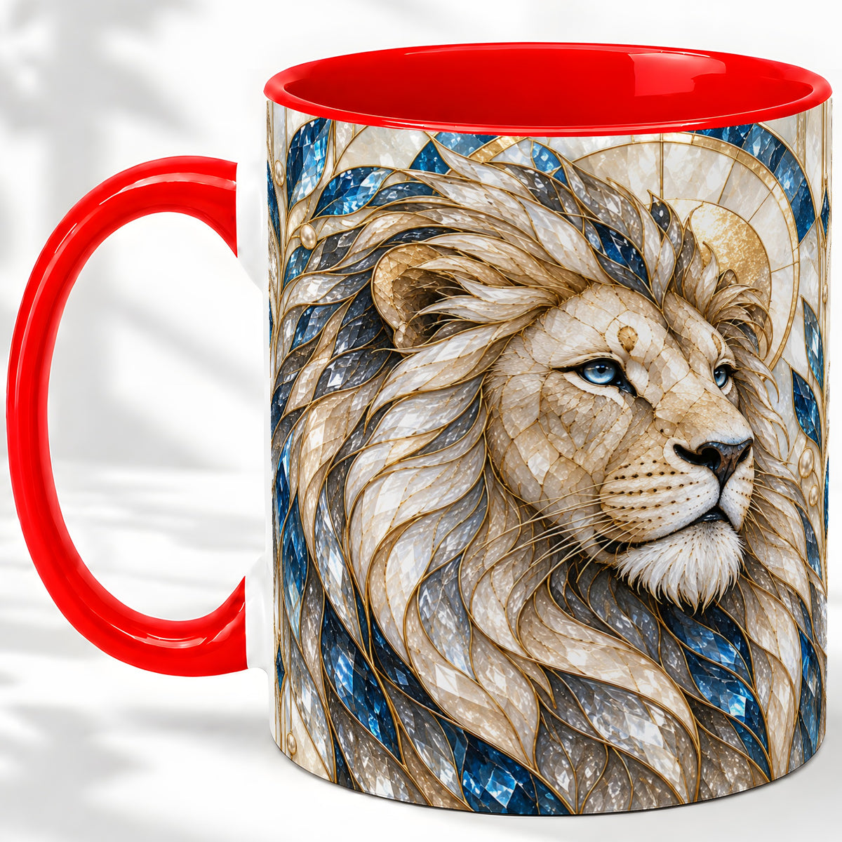 White Lion Ceramic Mug, Blue Gold Stained Glass Style Art