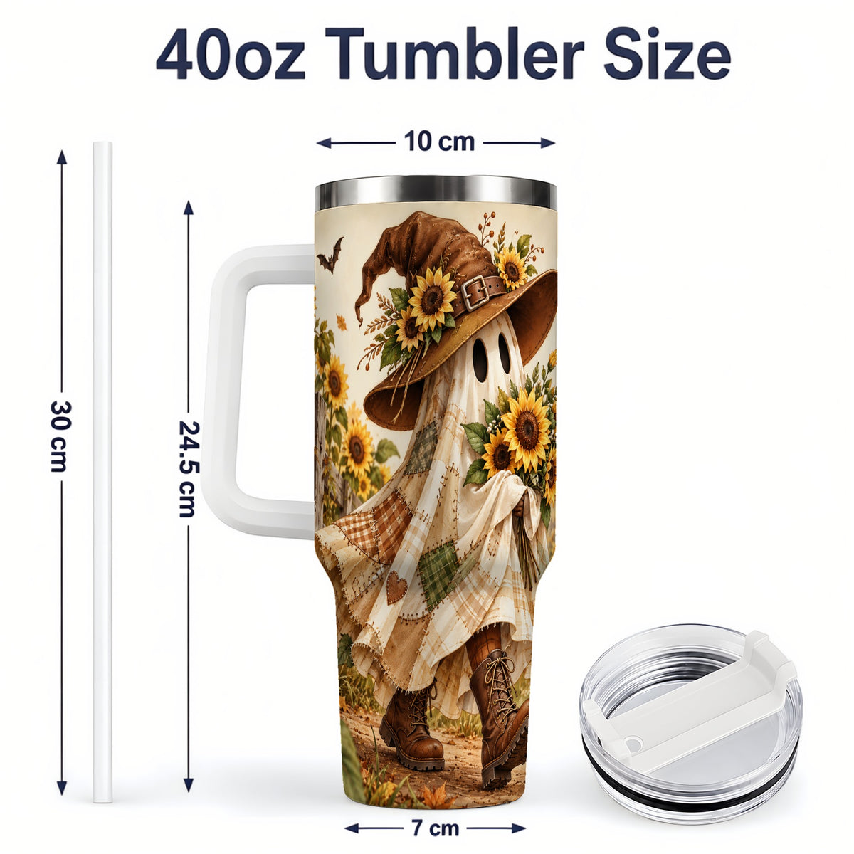 #pl[40oz|White] Rustic Sunflower Ghost Tumbler, 40oz Autumn Field Art Drinkware with Bats