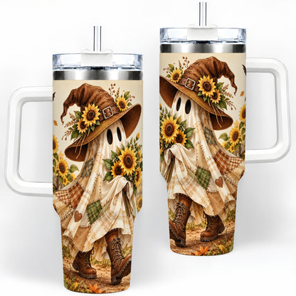 Rustic Sunflower Ghost Tumbler, 40oz Autumn Field Art Drinkware with Bats