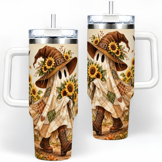 Rustic Sunflower Ghost Tumbler, 40oz Autumn Field Art Drinkware with Bats