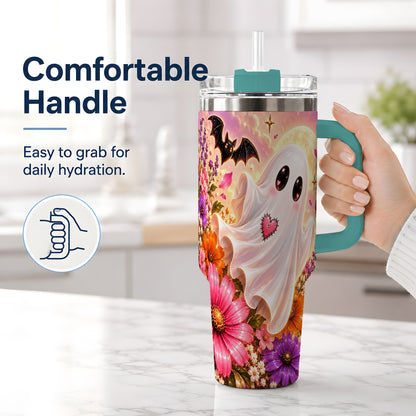 #pl[40oz|Green] Floral Moon Ghost Tumbler, 40oz Floral Art Drinkware with Stitched Heart