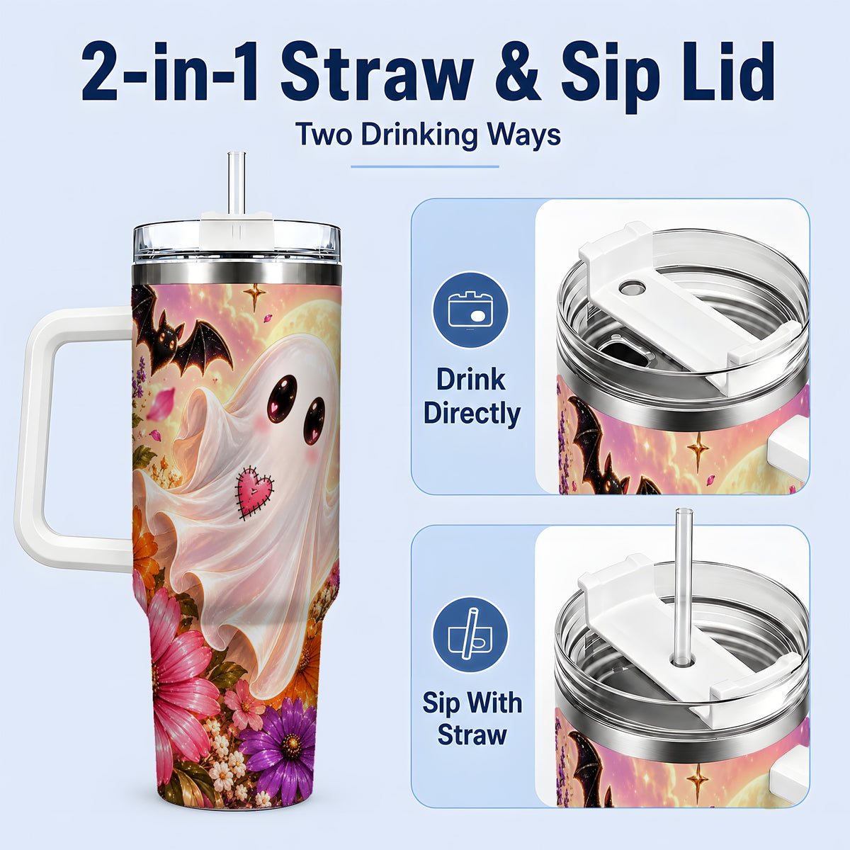 #pl[40oz|White] Floral Moon Ghost Tumbler, 40oz Floral Art Drinkware with Stitched Heart