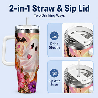 #pl[40oz|White] Floral Moon Ghost Tumbler, 40oz Floral Art Drinkware with Stitched Heart