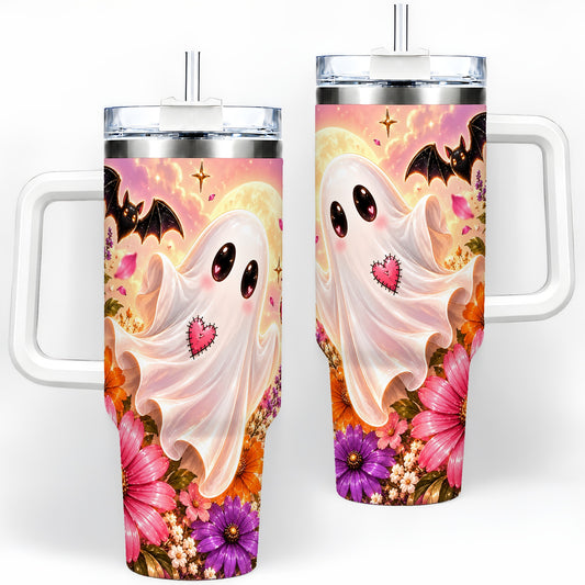 Floral Moon Ghost Tumbler, 40oz Floral Art Drinkware with Stitched Heart