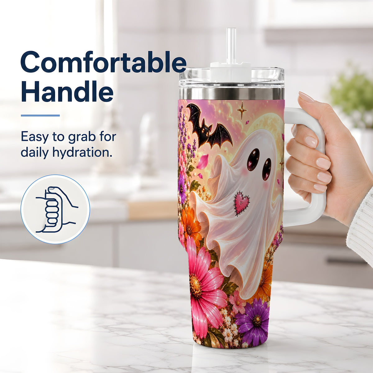 #pl[40oz|White] Floral Moon Ghost Tumbler, 40oz Floral Art Drinkware with Stitched Heart