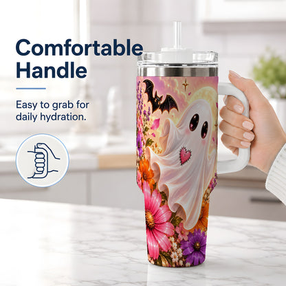 #pl[40oz|White] Floral Moon Ghost Tumbler, 40oz Floral Art Drinkware with Stitched Heart