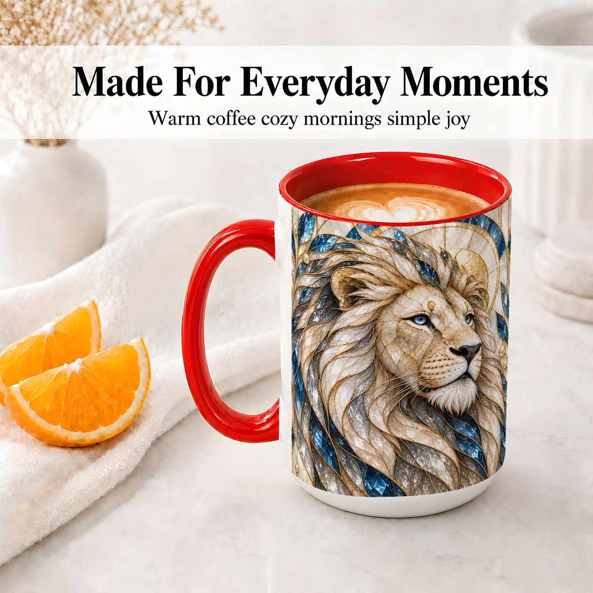 #pl[15oz|Red] White Lion Ceramic Mug, Blue Gold Stained Glass Style Art