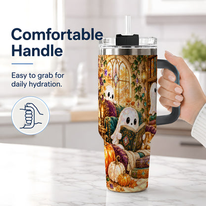 #pl[40oz|Black] Cozy Ghost Library Tumbler, 40oz Autumn Library Art Drinkware with Cat