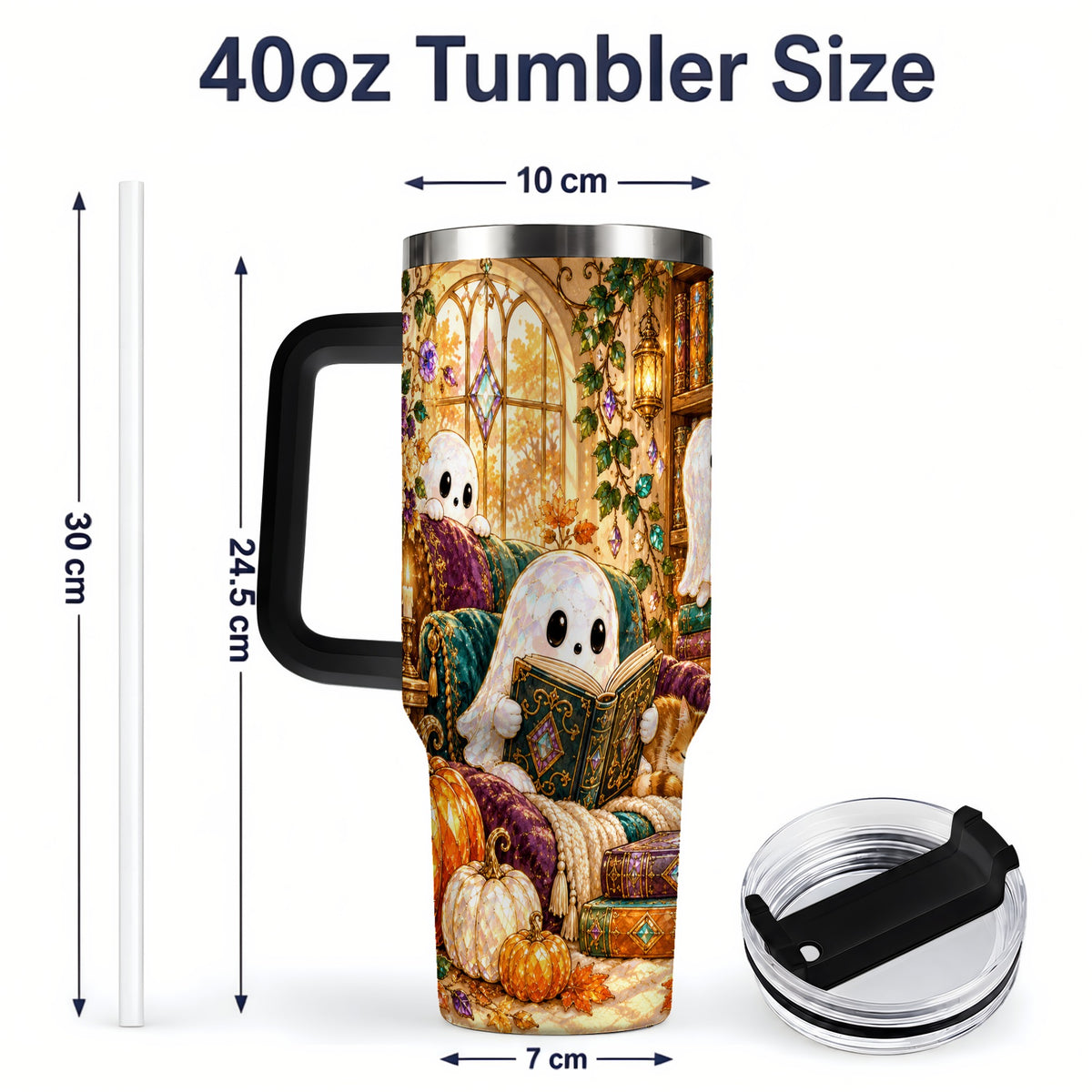 #pl[40oz|Black] Cozy Ghost Library Tumbler, 40oz Autumn Library Art Drinkware with Cat