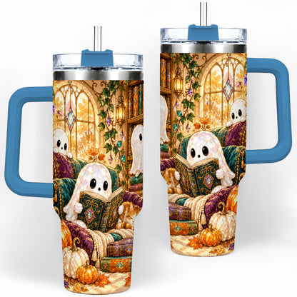 #pl[40oz|Blue] Cozy Ghost Library Tumbler, 40oz Autumn Library Art Drinkware with Cat