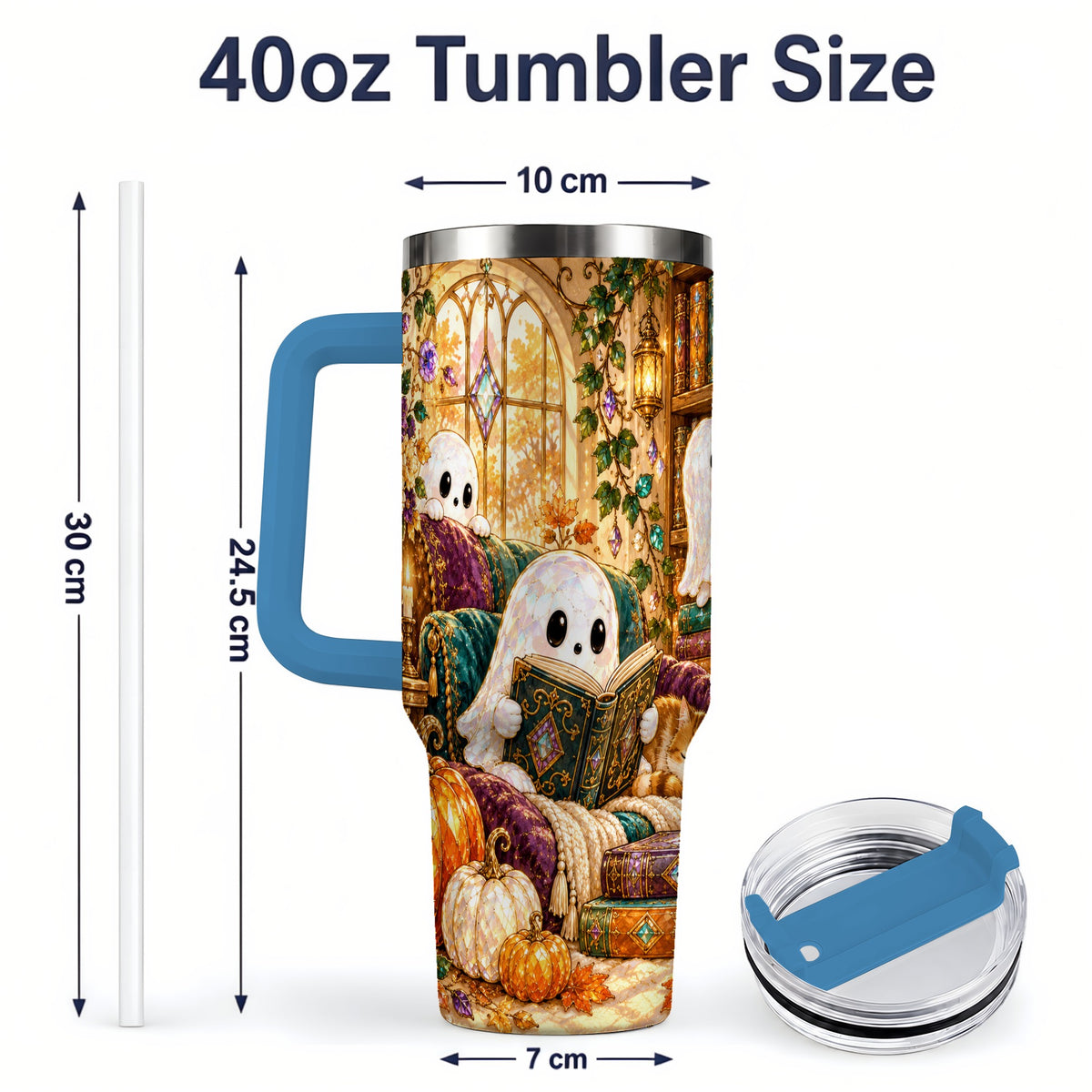 #pl[40oz|Blue] Cozy Ghost Library Tumbler, 40oz Autumn Library Art Drinkware with Cat