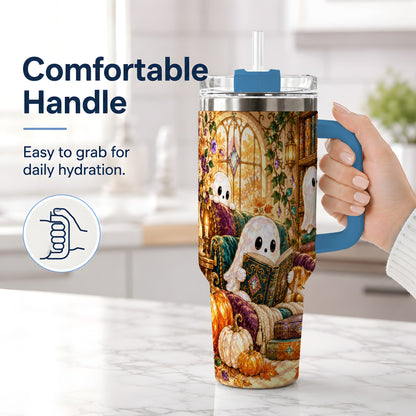 #pl[40oz|Blue] Cozy Ghost Library Tumbler, 40oz Autumn Library Art Drinkware with Cat