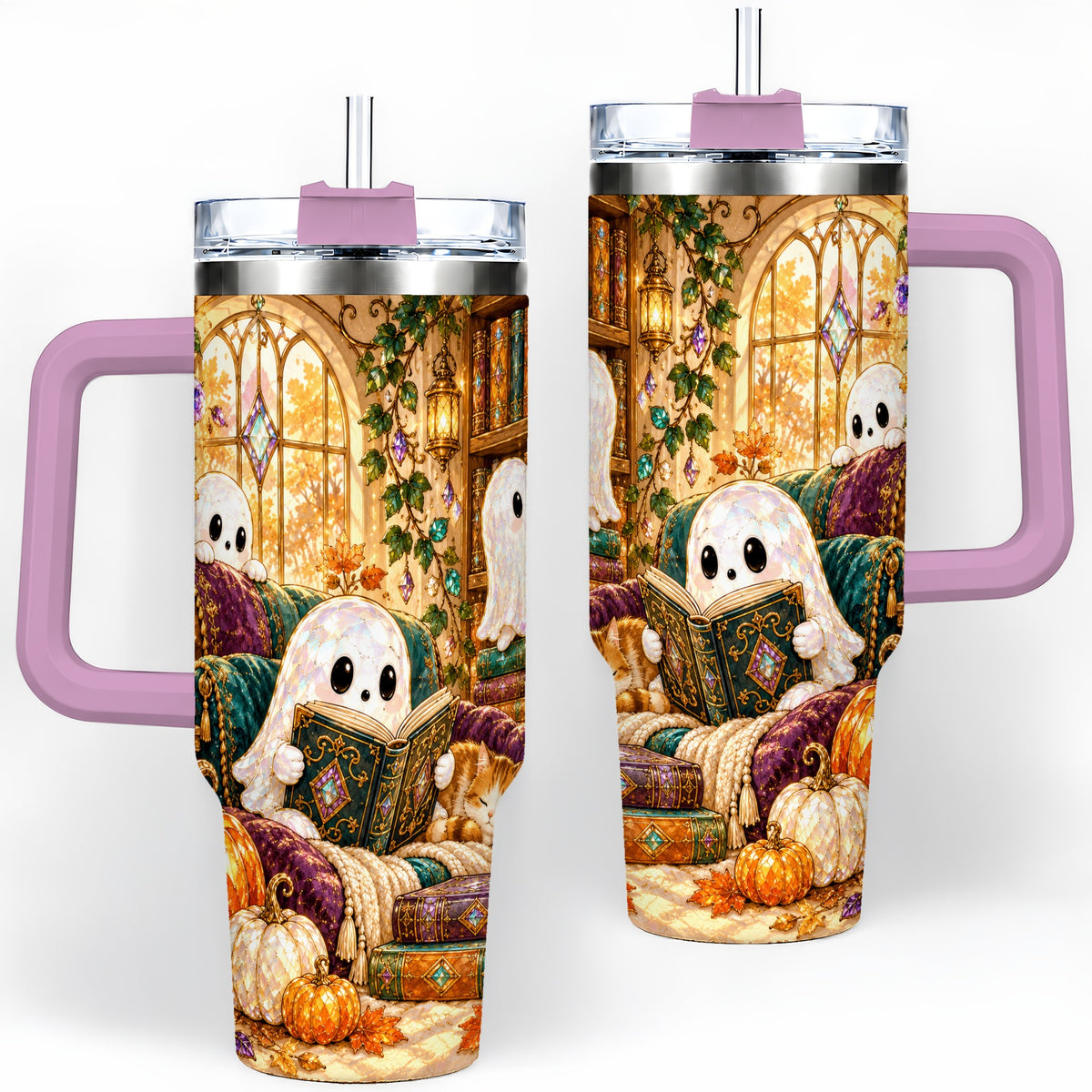 #pl[40oz|Pink] Cozy Ghost Library Tumbler, 40oz Autumn Library Art Drinkware with Cat
