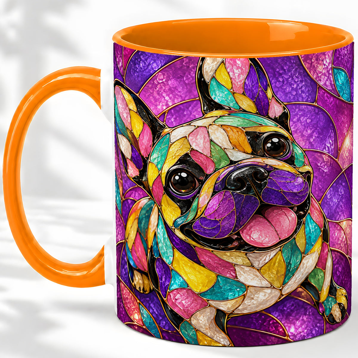 #pl[11oz|Orange] French Bulldog Ceramic Mug, Colorful Stained Glass Style Art