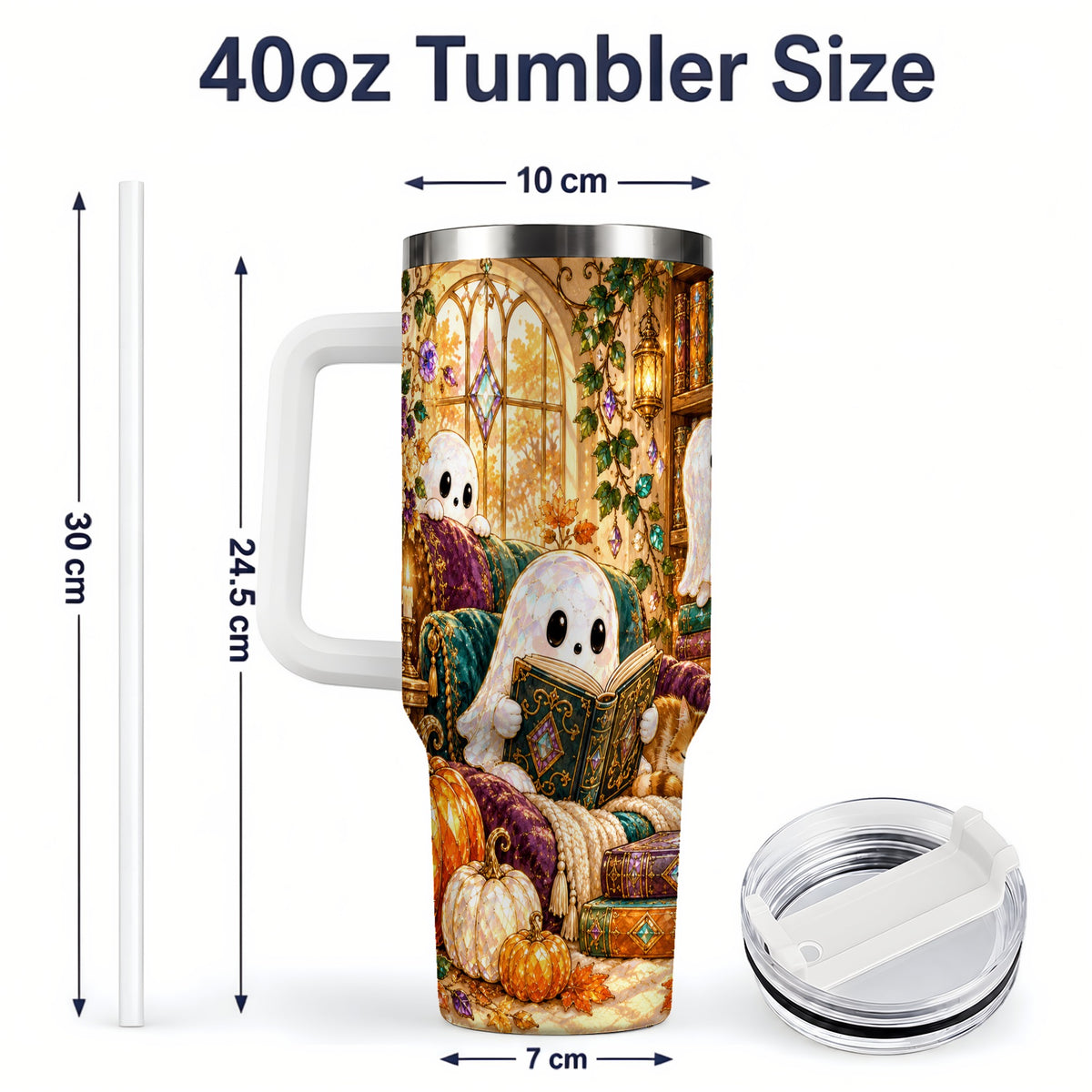 #pl[40oz|White] Cozy Ghost Library Tumbler, 40oz Autumn Library Art Drinkware with Cat