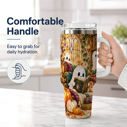 #pl[40oz|White] Cozy Ghost Library Tumbler, 40oz Autumn Library Art Drinkware with Cat