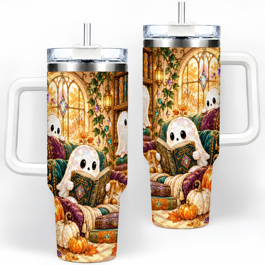 Cozy Ghost Library Tumbler, 40oz Autumn Library Art Drinkware with Cat