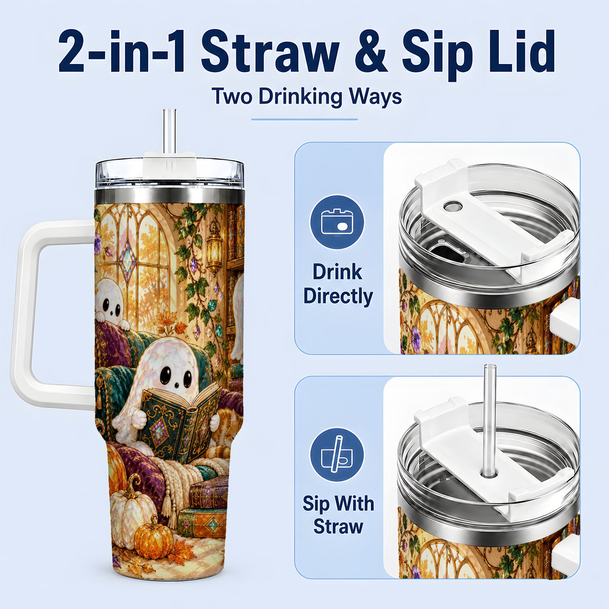 #pl[40oz|White] Cozy Ghost Library Tumbler, 40oz Autumn Library Art Drinkware with Cat