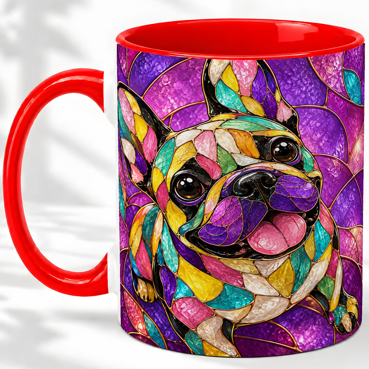 French Bulldog Ceramic Mug, Colorful Stained Glass Style Art