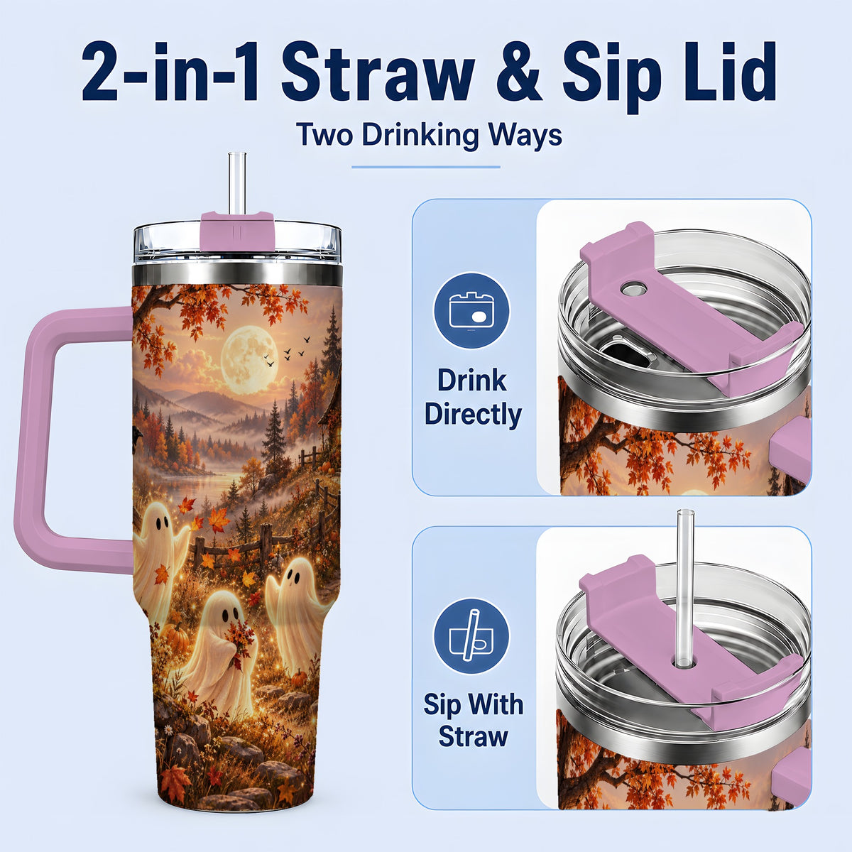 #pl[40oz|Pink] Autumn Cottage Ghost Tumbler, 40oz Fall Landscape Drinkware with Moon