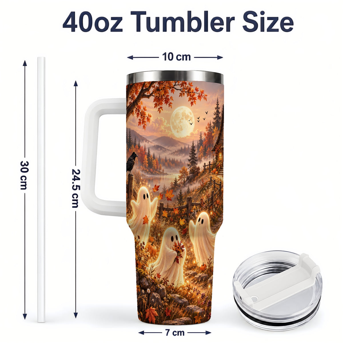 #pl[40oz|White] Autumn Cottage Ghost Tumbler, 40oz Fall Landscape Drinkware with Moon