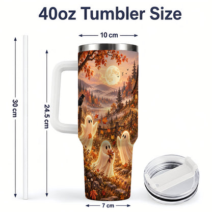 #pl[40oz|White] Autumn Cottage Ghost Tumbler, 40oz Fall Landscape Drinkware with Moon