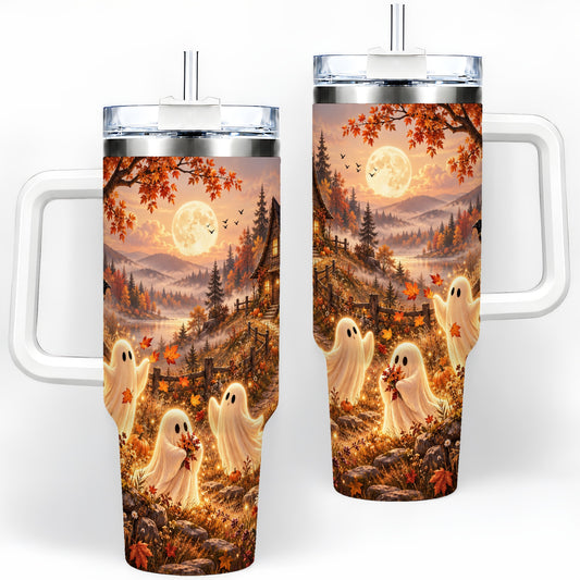 Autumn Cottage Ghost Tumbler, 40oz Fall Landscape Drinkware with Moon