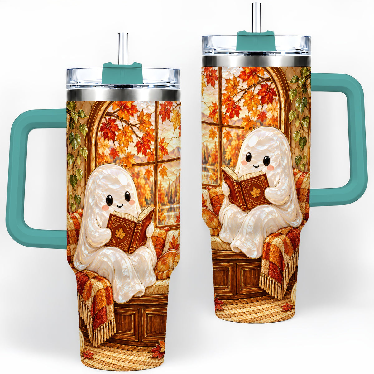 #pl[40oz|Green] Autumn Reading Ghost 40oz Tumbler, Cozy Fall Book Nook Artwork