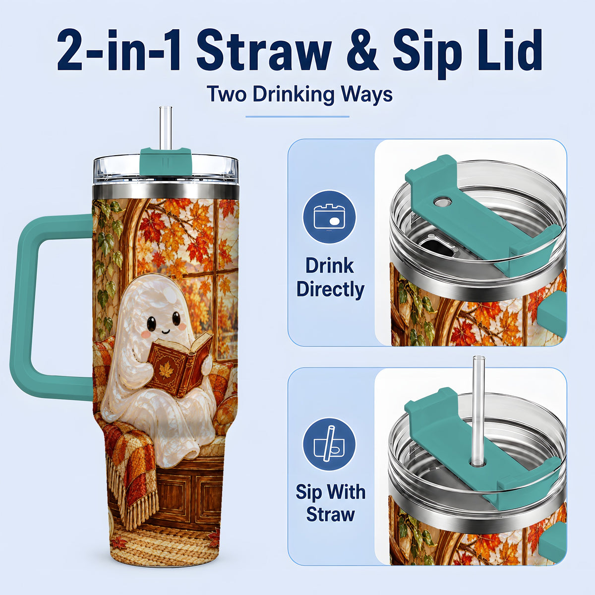 #pl[40oz|Green] Autumn Reading Ghost 40oz Tumbler, Cozy Fall Book Nook Artwork