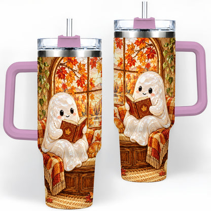 #pl[40oz|Pink] Autumn Reading Ghost 40oz Tumbler, Cozy Fall Book Nook Artwork