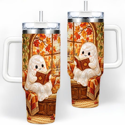 Autumn Reading Ghost 40oz Tumbler, Cozy Fall Book Nook Artwork