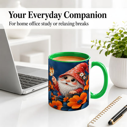 #pl[11oz|Green] Garden Gnome Ceramic Mug, Butterfly and Orange Floral Art
