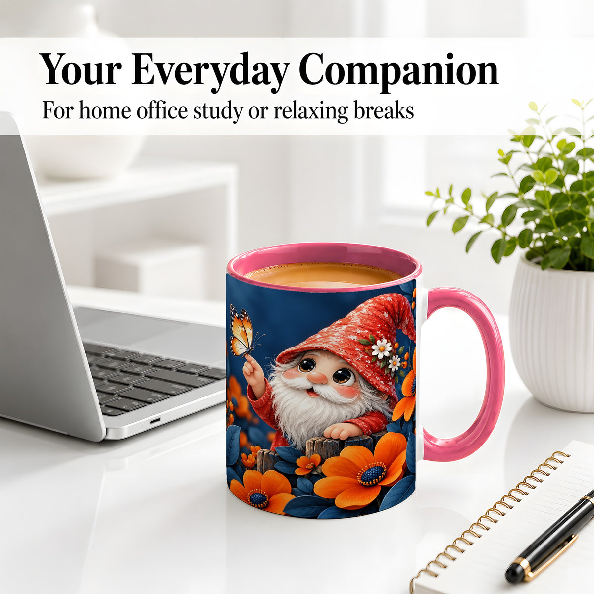 #pl[11oz|Pink] Garden Gnome Ceramic Mug, Butterfly and Orange Floral Art