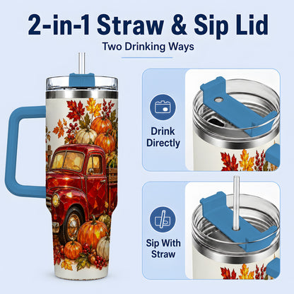 #pl[40oz|Blue] Vintage Fall Pumpkin Truck 40oz Tumbler, Autumn Harvest Artwork